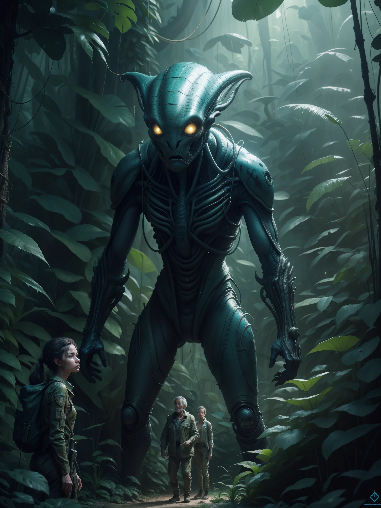 "An alien guest meets a man" in a jungle environment, Highly detailed, Extremely detailed, delicate detail, crisp quality, ultra realistis, A hyper-realistic, surrealism, Dark art, Cinematic, thousand., A still from Steven Spielberg's epic film, sharp-focus, Smoke, ArtStation Hyperrealism Painting Concept Art Detailed Character Design,