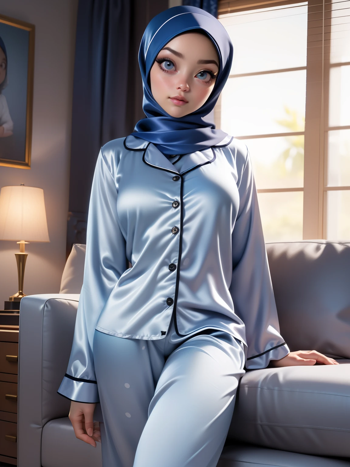 3DMM, ((Masterpiece, best quality, photography, detailed skin, realistic, photo-realistic, 8k, highly detailed, full length frame, High detail RAW color art, diffused soft lighting, shallow depth of field, sharp focus, hyperrealism, cinematic lighting, hijab, a woman in a beautifully makeup, smokey eyeshadow, beautiful big eyes, long eye lashes, wearing (Dark blue satin hijab), loosely tide hijab style, ((gray satin sewing pyjamas)), gray satin polka dot long trousers, relaxing on sofa, bedroom,