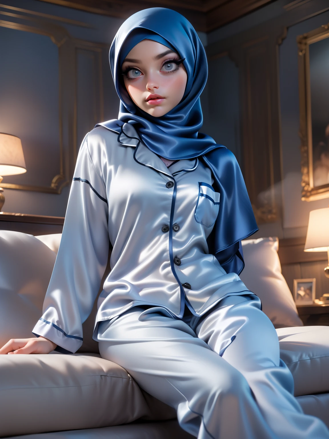 3DMM, ((Masterpiece, best quality, photography, detailed skin, realistic, photo-realistic, 8k, highly detailed, full length frame, High detail RAW color art, diffused soft lighting, shallow depth of field, sharp focus, hyperrealism, cinematic lighting, hijab, a woman in a beautifully makeup, smokey eyeshadow, beautiful big eyes, long eye lashes, wearing (Dark blue satin hijab), loosely tide hijab style, ((gray satin sewing pyjamas)), gray satin polka dot long trousers, relaxing on sofa, bedroom,