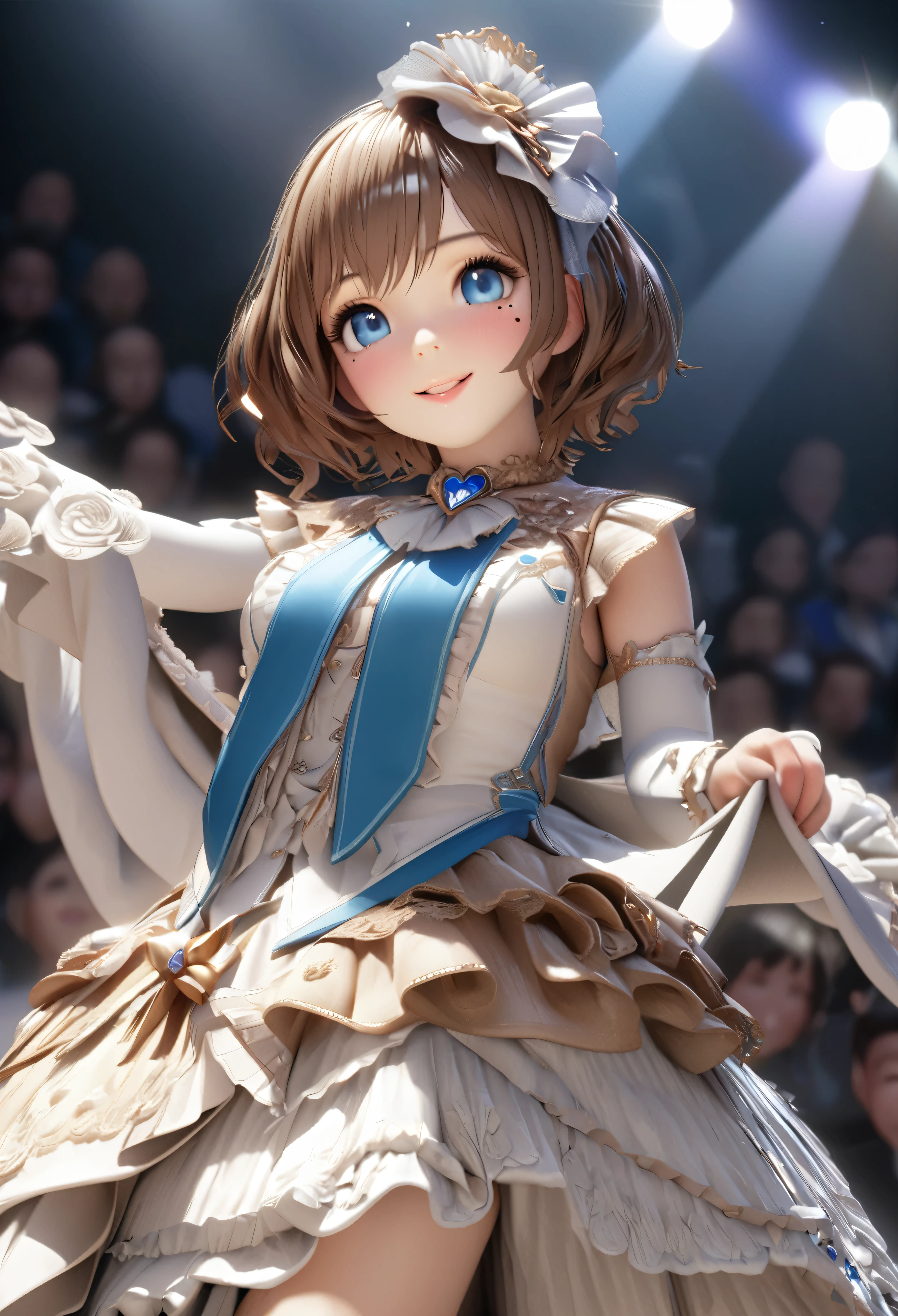 One Girl、Looking at the audience、
Beautiful Blue Eyes、Brown short hair、Mole under the eye、Plump and glossy lips、Heart-shaped choca、Idol、smile、ー、。.。.。.。.。.。.。.。.。.。.。.。.。.。.。.。.。.。.3D、Realistic、
Princess dress with too many frills、Drape clothes、gem、The decoration has been removed、Floral、Lace trim、bright stage、
masterpiece、highest quality、8k、Detailed skin texture、Detailed cloth texture、Beautifully detailed face、Intricate details、Very detailed、
超A high resolution、8k Ultra HD、Film Grain、Best Shadow、delicate、Gazing at the audience、front