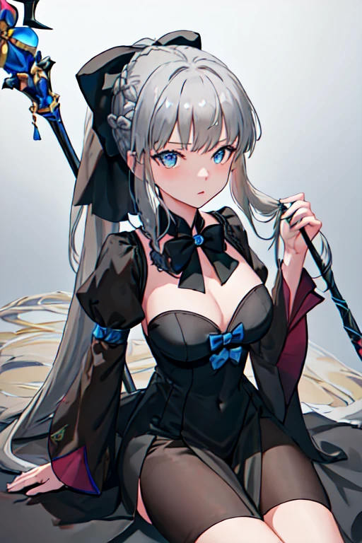 highest quality, masterpiece, High resolution, 一人in, {Morgan_FGO:1.15}, length_hair, green_eye, Braiding, 前hair, ponytail, chest, bow, black_bow, French_Braiding, gray_hair, hair_bow, very_length_hair, big_chest, Side Lock, chestの谷間, One girl, black_dress, dress, Looking_in_Audience, 2 Tone_dress, Holding, white_hair, staff, arms