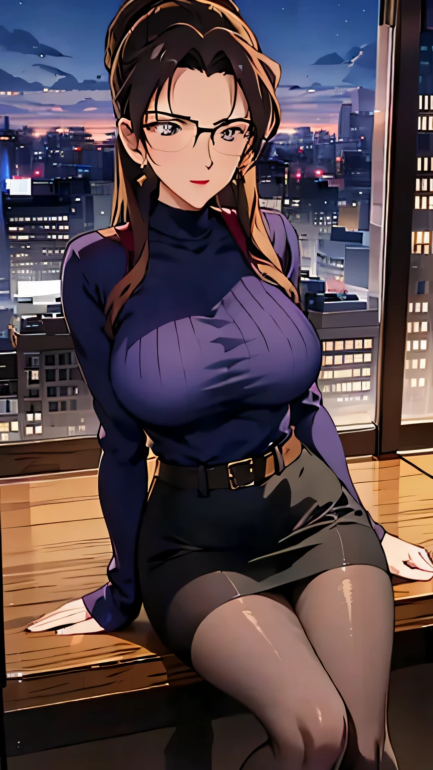 (best quality,4K,8k,high resolution,masterpiece:1.2),Super detailed,Practical,photoPractical:1.37,full-body photo,gold square glasses,City street background,Blue Background,Blue foreground,Depth of Field,From the front,Looking at the audience,blush,lipstick,Delicate earrings,purple and Gold Knee-length low-cut cocktail dress,a woman standing at a street corner,black stockings,Pink turtleneck,Black belt with silver buttons,city lights,lamp,Motion Blur,at night,decorate