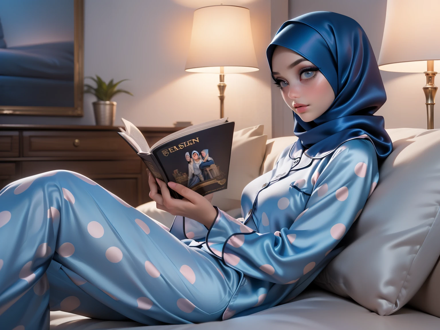 3DMM, ((Masterpiece, best quality, photography, detailed skin, realistic, photo-realistic, 8k, highly detailed, full length frame, High detail RAW color art, diffused soft lighting, shallow depth of field, sharp focus, hyperrealism, cinematic lighting, hijab, a woman in a beautifully makeup, smokey eyeshadow, beautiful big eyes, long eye lashes, wearing (Dark blue satin hijab), loosely tide hijab style, ((gray satin polka dot pyjamas shirt)), gray satin polka dot long trousers, relaxing on sofa, reading, bedroom,
