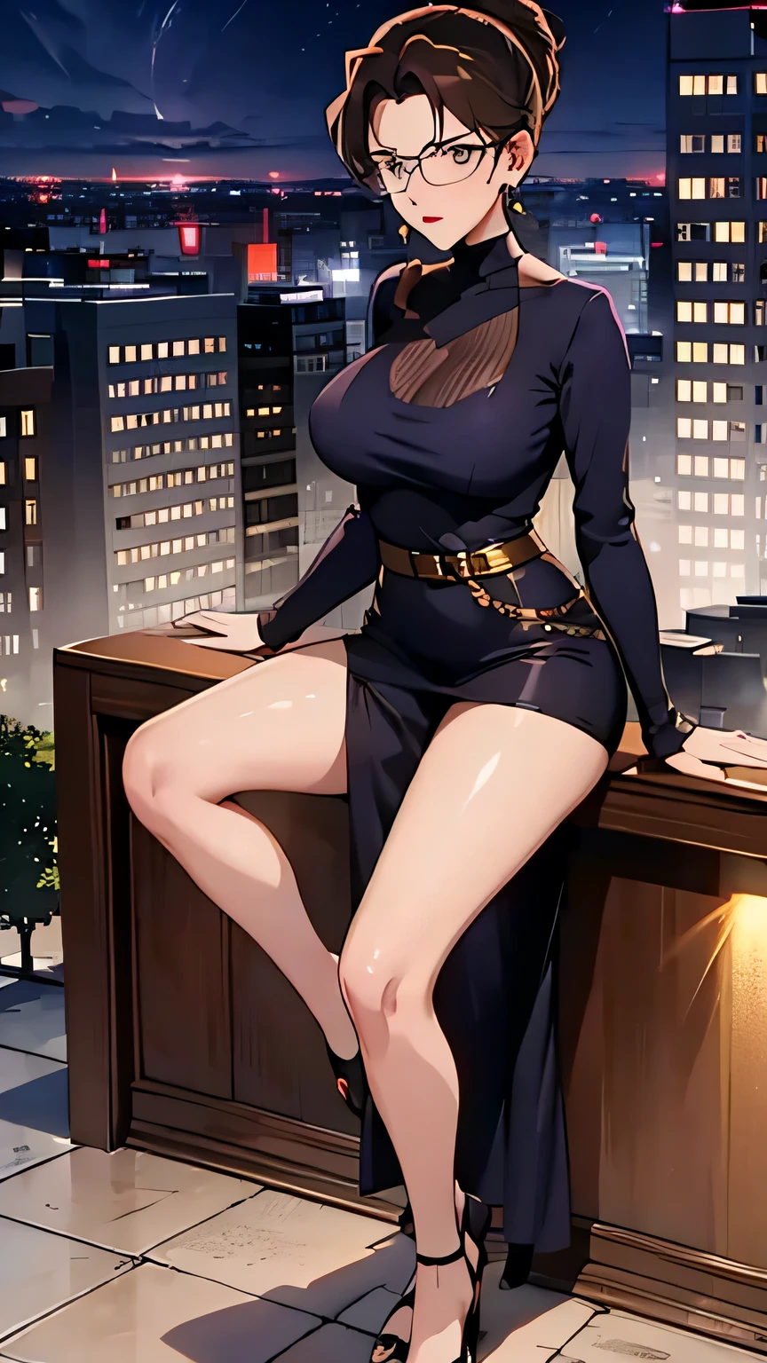 (best quality,4K,8k,high resolution,masterpiece:1.2),Super detailed,Practical,photoPractical:1.37,full-body photo,gold square glasses,City street background,Blue Background,Blue foreground,Depth of Field,From the front,Looking at the audience,blush,lipstick,Delicate earrings,purple and Gold Knee-length low-cut cocktail dress,a woman standing at a street corner,black stockings,Pink turtleneck,Black belt with silver buttons,city lights,lamp,Motion Blur,at night,decorate