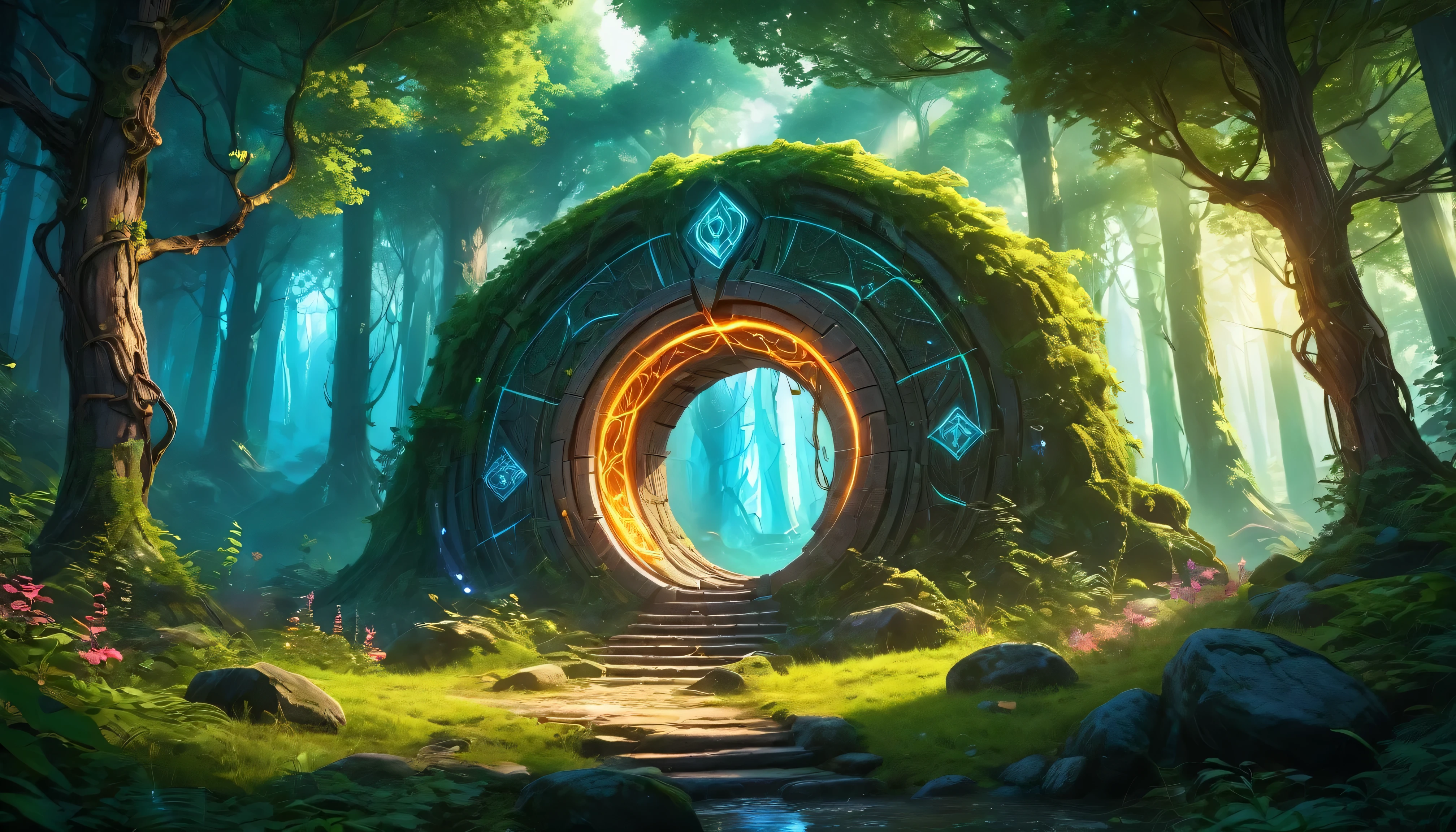 (anime, fantasy, portal),(best quality, highres, HDR:1.2),vibrant colors,mysterious atmosphere,magical portal,mystical creatures,enchanted forest,glowing runes,ethereal light,fantastical landscapes