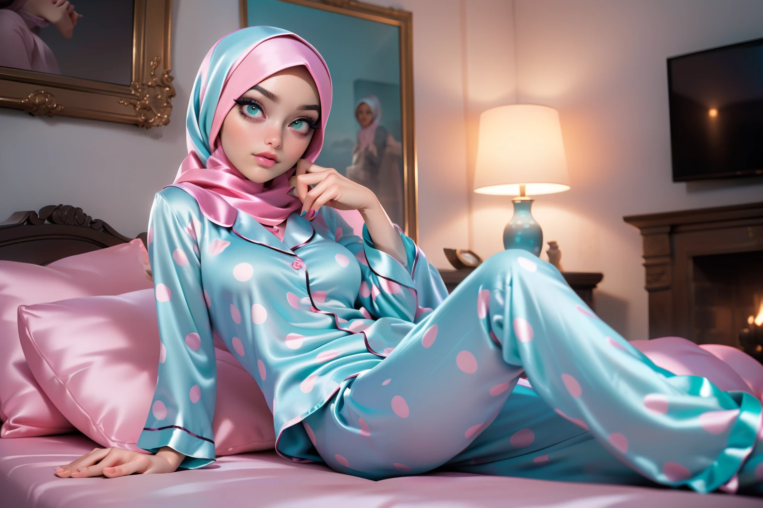 3DMM, ((Masterpiece, best quality, photography, detailed skin, realistic, photo-realistic, 8k, highly detailed, full length frame, High detail RAW color art, diffused soft lighting, shallow depth of field, sharp focus, hyperrealism, cinematic lighting, hijab, a woman in a beautifully makeup, smokey eyeshadow, beautiful big eyes, long eye lashes, wearing (Pink satin hijab), loosely tide hijab style, ((Teal satin polka dot pyjamas shirt)), Teal satin polka dot long trousers, relaxing on sofa, bedroom,