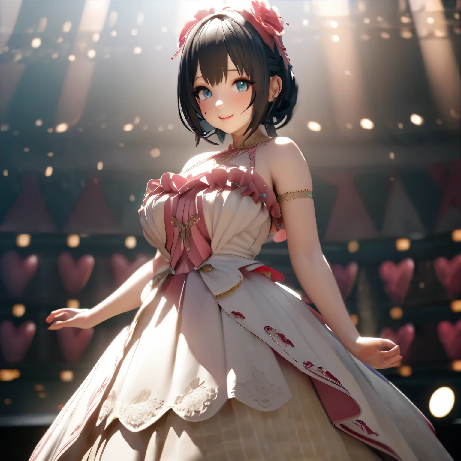 One Girl、Looking at the audience、
Beautiful Blue Eyes、black short hair、Mole under the eye、Plump and glossy lips、Heart-shaped choca、Idol、smile、ー、。.。.。.。.。.。.。.。.。.。.。.。.。.。.。.。.。.。.3D、Realistic、
Princess dress with too many frills、Drape clothes、gem、The decoration has been removed、Floral、Lace trim、bright stage、
masterpiece、highest quality、8k、Detailed skin texture、Detailed cloth texture、Beautifully detailed face、Intricate details、Very detailed、
超A high resolution、8k Ultra HD、Film Grain、Best Shadow、delicate、Gazing at the audience、front