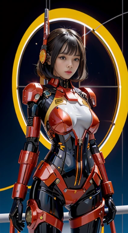realisticlying, A high resolution, a 1 womone, hip-up, droid, Mecha Maiden,mechanicalparts, droid joints,single mechanical arm, Headset mecha, visible skin breast realistic from bra mecha, visible cable charging from hand Mecha, thigh skin visible from the mecha's thighs, cable charging visible from thight Mecha, Mechanical Aura,star halo,Complex mechanical body suit, mecha corset, Full A, Red yellow mecha body