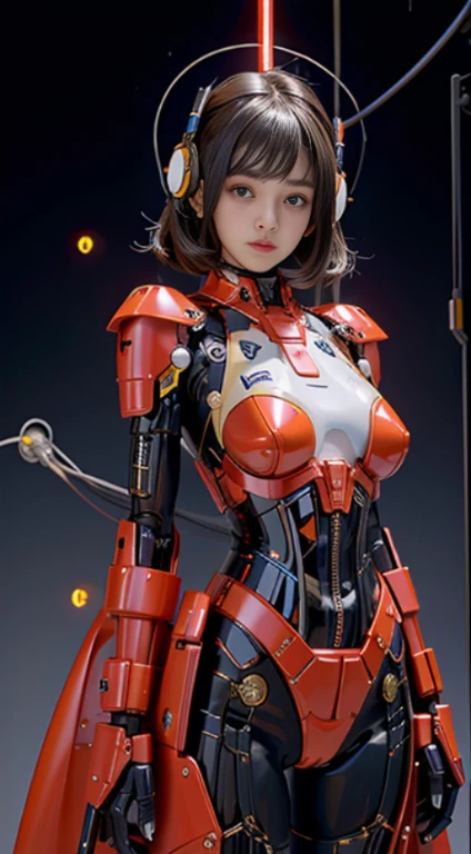 realisticlying, A high resolution, a 1 womone, hip-up, droid, Mecha Maiden,mechanicalparts, droid joints,single mechanical arm, Headset mecha, visible skin breast realistic from bra mecha, visible cable charging from hand Mecha, thigh skin visible from the mecha's thighs, cable charging visible from thight Mecha, Mechanical Aura,star halo,Complex mechanical body suit, mecha corset, Full A, Red yellow mecha body