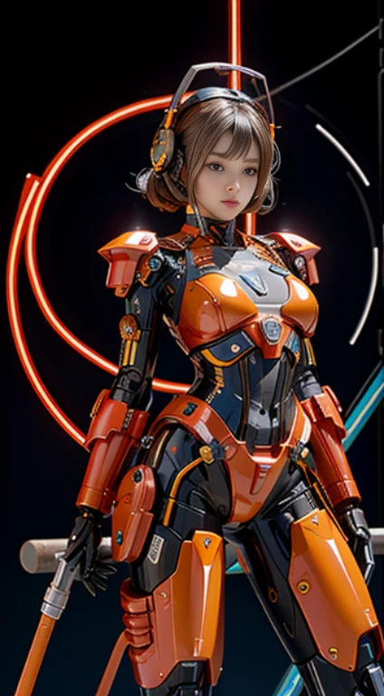 realisticlying, A high resolution, a 1 womone, hip-up, droid, Mecha Maiden,mechanicalparts, droid joints,single mechanical arm, Headset mecha, visible skin breast realistic from bra mecha, visible cable charging from hand Mecha, thigh skin visible from the mecha's thighs, cable charging visible from thight Mecha, Mechanical Aura,star halo,Complex mechanical body suit, mecha corset, Full A, Red yellow mecha body