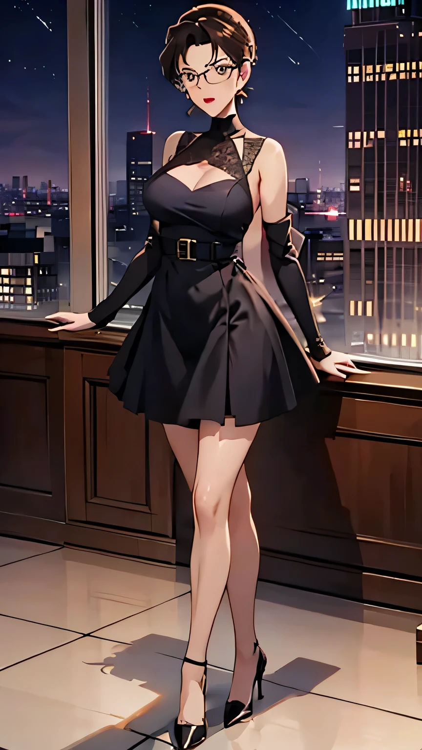 (best quality,4K,8k,high resolution,masterpiece:1.2),Super detailed,Practical,photoPractical:1.37,full-body photo,gold square glasses,City street background,Blue Background,Blue foreground,Depth of Field,From the right,Looking at the audience,blush,lipstick,Delicate earrings,Knee-length low-cut cocktail dress,a woman standing at a street corner,black stockings,High collar and black belt,city lights,lamp,Motion Blur,at night,decorate