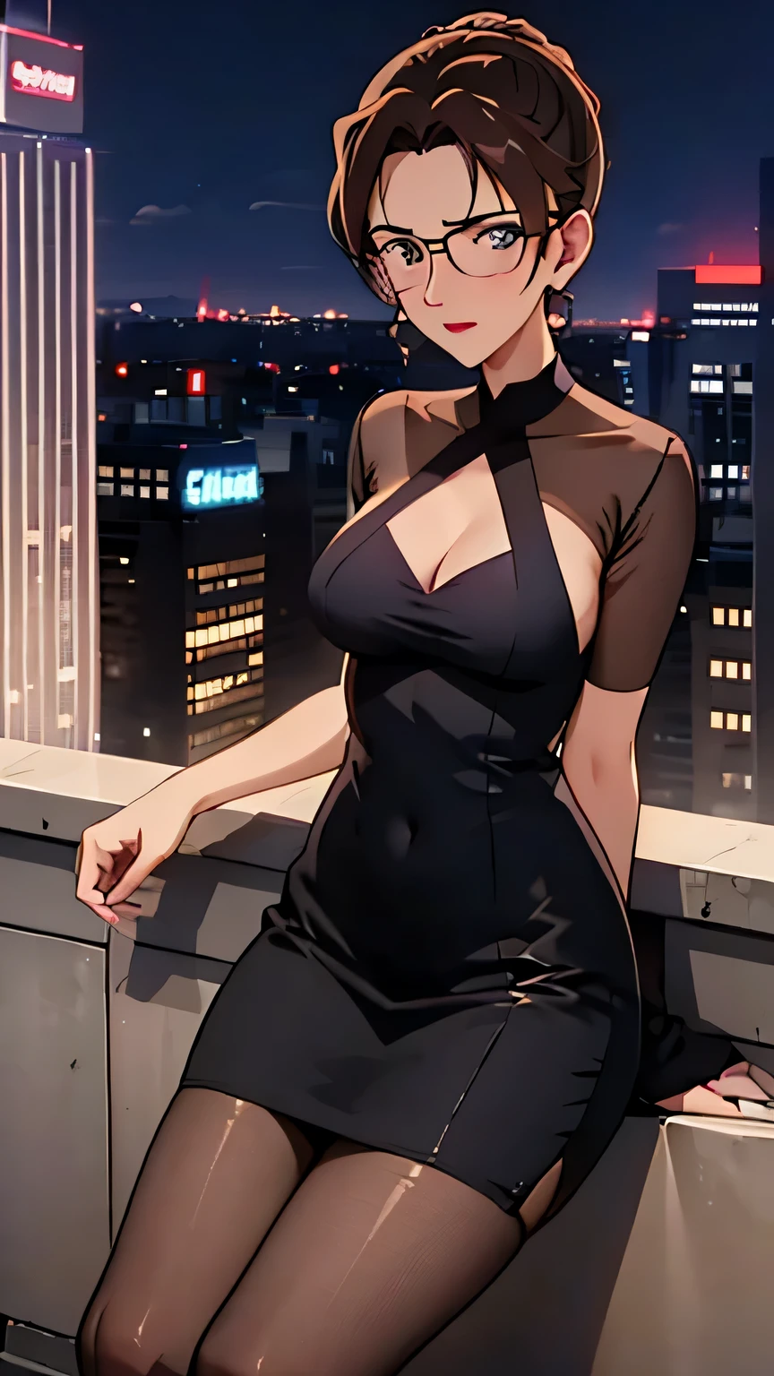 (best quality,4K,8k,high resolution,masterpiece:1.2),Super detailed,Practical,photoPractical:1.37,full-body photo,gold square glasses,City street background,Blue Background,Blue foreground,Depth of Field,From the right,Looking at the audience,blush,lipstick,Delicate earrings,Knee-length low-cut cocktail dress,a woman standing at a street corner,black stockings,High collar and black belt,city lights,lamp,Motion Blur,at night,decorate