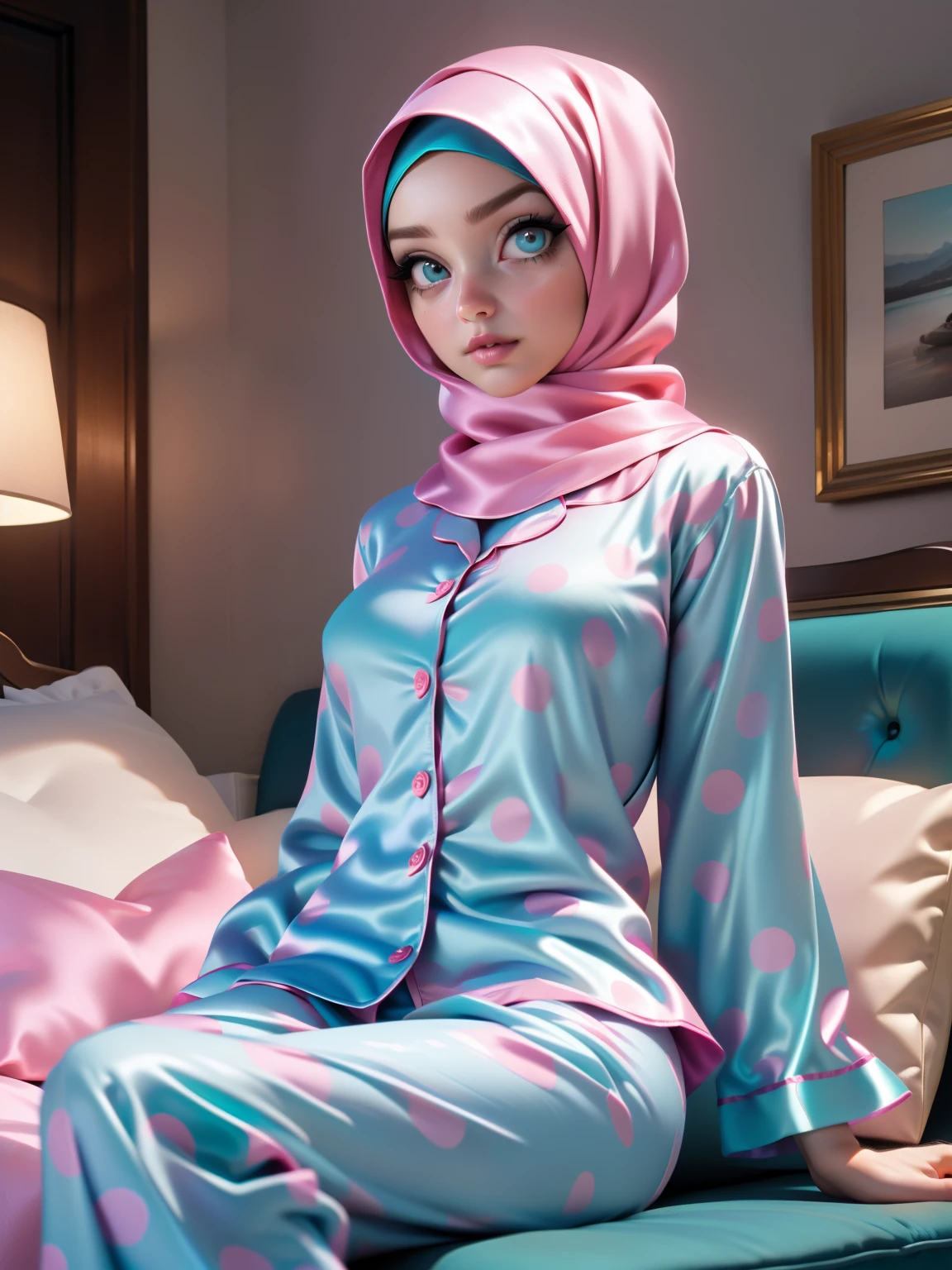 3DMM, ((Masterpiece, best quality, photography, detailed skin, realistic, photo-realistic, 8k, highly detailed, full length frame, High detail RAW color art, diffused soft lighting, shallow depth of field, sharp focus, hyperrealism, cinematic lighting, hijab, a woman in a beautifully makeup, smokey eyeshadow, beautiful big eyes, long eye lashes, wearing (Pink satin hijab), loosely tide hijab style, ((Teal satin polka dot pyjamas shirt)), Teal satin polka dot long trousers, relaxing on sofa, bedroom,