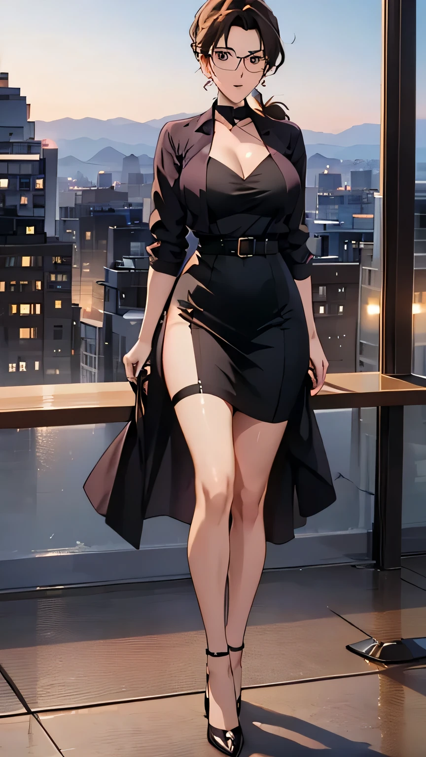 (best quality,4K,8k,high resolution,masterpiece:1.2),Super detailed,Practical,photoPractical:1.37,full-body photo,gold square glasses,City street background,Blue Background,Blue foreground,Depth of Field,From the right,Looking at the audience,blush,lipstick,Delicate earrings,Knee-length low-cut cocktail dress,a woman standing at a street corner,black stockings,High collar and black belt,city lights,lamp,Motion Blur,at night,decorate