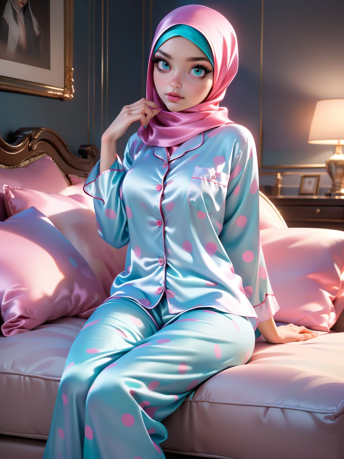 3DMM, ((Masterpiece, best quality, photography, detailed skin, realistic, photo-realistic, 8k, highly detailed, full length frame, High detail RAW color art, diffused soft lighting, shallow depth of field, sharp focus, hyperrealism, cinematic lighting, hijab, a woman in a beautifully makeup, smokey eyeshadow, beautiful big eyes, long eye lashes, wearing (Pink satin hijab), loosely tide hijab style, ((Teal satin polka dot pyjamas shirt)), Teal satin polka dot long trousers, relaxing on sofa, bedroom,