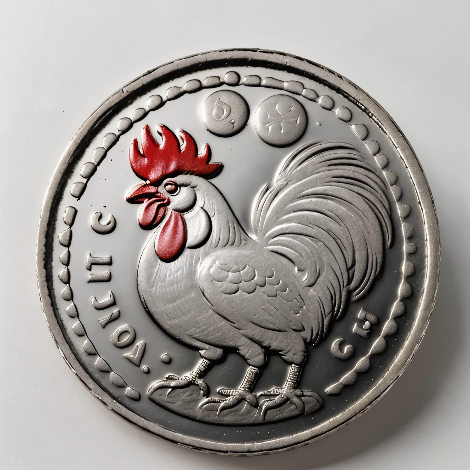 A coin with a design of a rooster