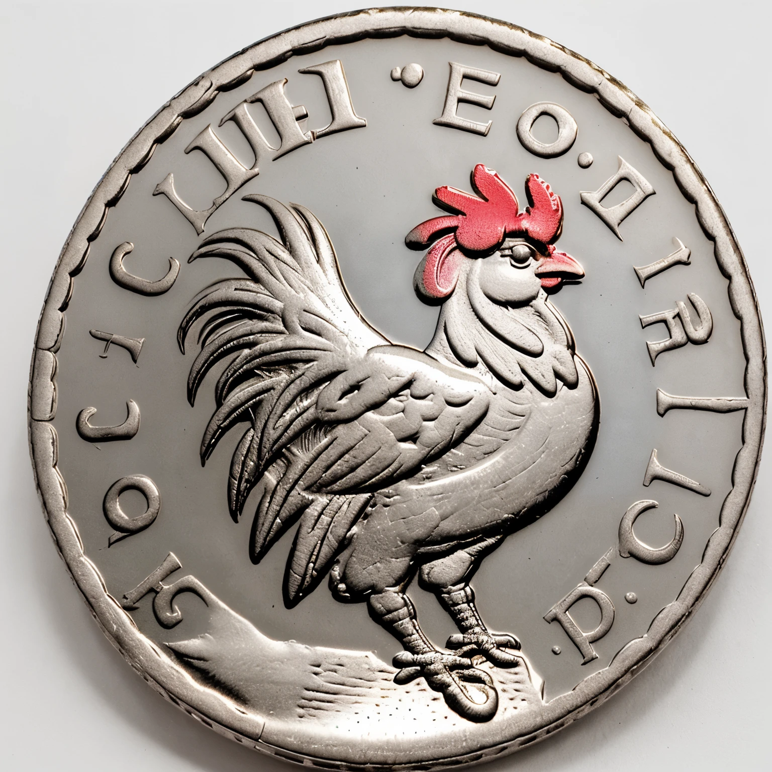 A coin with a design of a rooster