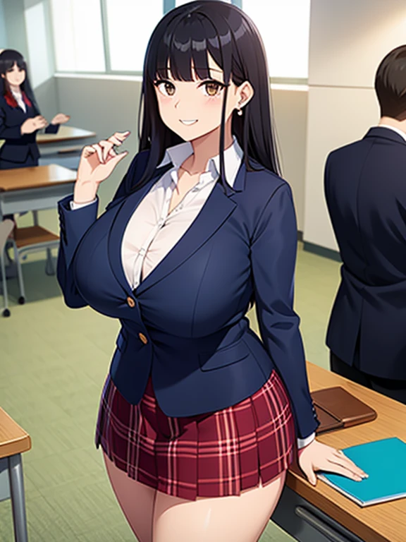 sexy girl, huge breasts, large breasts, curvy, black hair (straight bangs), brown eyes, long hair, female , school plaid short skirt, earrings, grinning, standing, classroom, indoor, solo focus, bright day, crowd of students