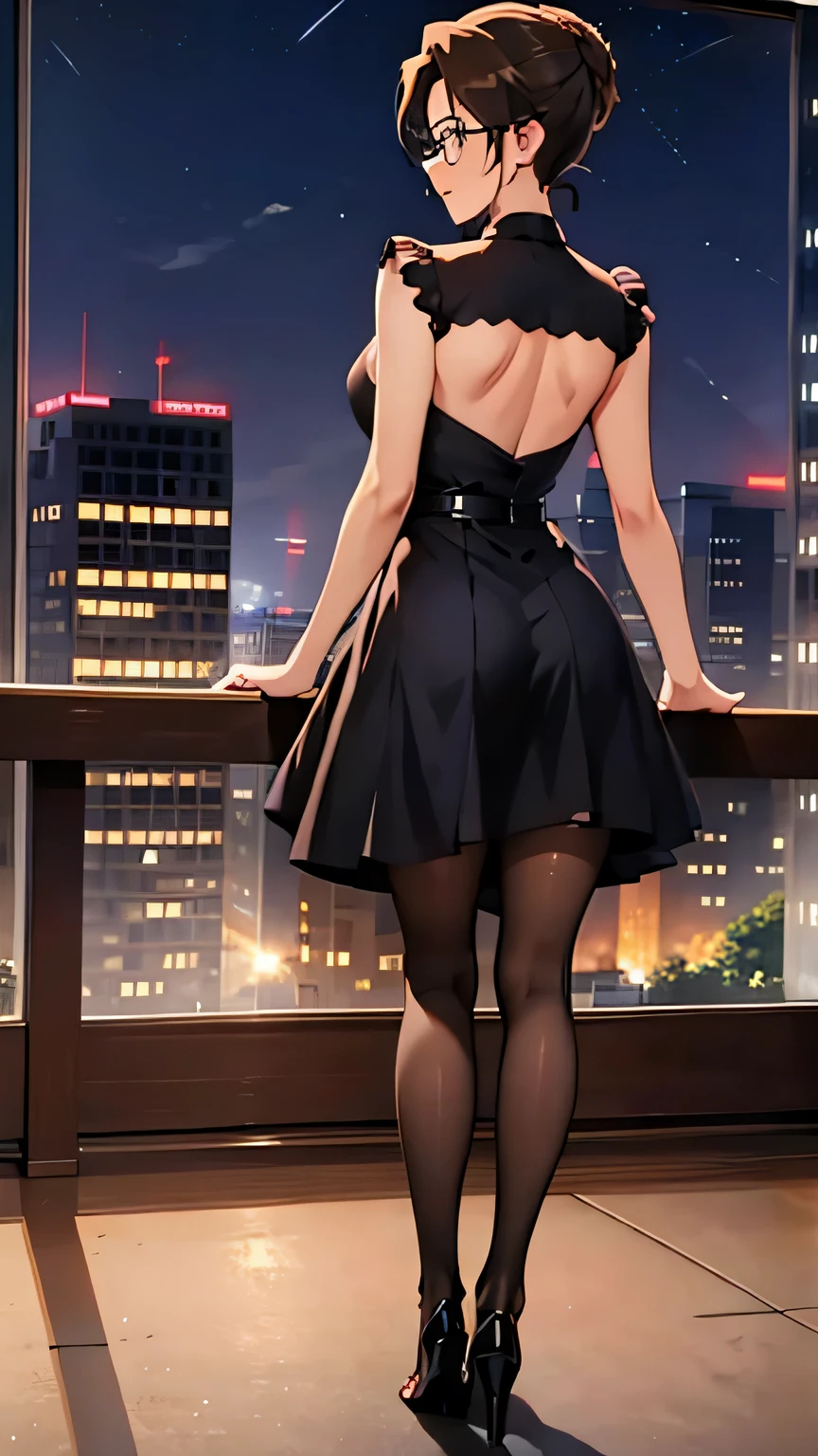 (best quality,4K,8k,high resolution,masterpiece:1.2),Super detailed,Practical,photoPractical:1.37,full-body photo,gold square glasses,City street background,Blue Background,Blue foreground,Depth of Field,From the back,Looking at the audience,blush,lipstick,Delicate earrings,Knee-length low-cut cocktail dress,a woman standing at a street corner,black stockings,High collar and black belt,city lights,lamp,Motion Blur,at night,decorate