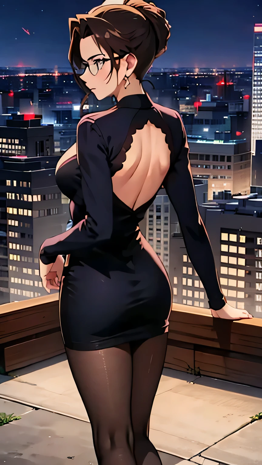 (best quality,4K,8k,high resolution,masterpiece:1.2),Super detailed,Practical,photoPractical:1.37,full-body photo,gold square glasses,City street background,Blue Background,Blue foreground,Depth of Field,From the back,Looking at the audience,blush,lipstick,Delicate earrings,Knee-length low-cut cocktail dress,a woman standing at a street corner,black stockings,High collar and black belt,city lights,lamp,Motion Blur,at night,decorate