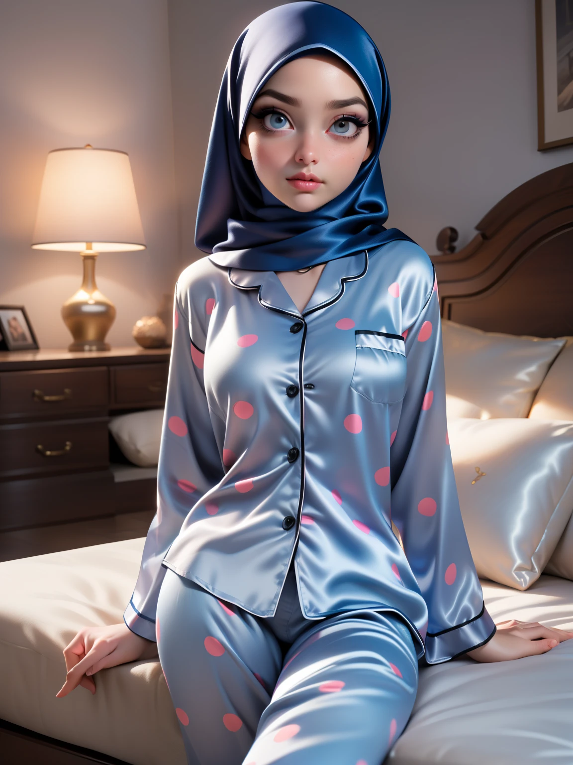 3DMM, ((Masterpiece, best quality, photography, detailed skin, realistic, photo-realistic, 8k, highly detailed, full length frame, High detail RAW color art, diffused soft lighting, shallow depth of field, sharp focus, hyperrealism, cinematic lighting, hijab, a woman in a beautifully makeup, smokey eyeshadow, beautiful big eyes, long eye lashes, wearing (Dark blue satin hijab), loosely tide hijab style, ((gray satin polka dot pyjamas shirt)), gray satin polka dot long trousers, relaxing on sofa, bedroom, 