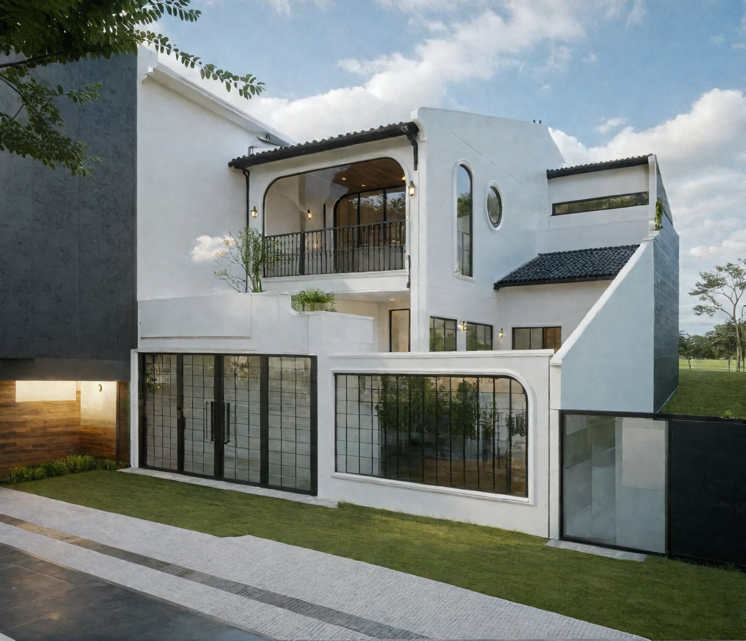 exterior house, contemporary style, white wall, wood wall, wood door, glass window, (realistic:1.2), Masterpiece, high quality, best quality, authentic, super detail, outdoors,road,pavement, grass, trees, sky, cloud, (daylight:1.1)
