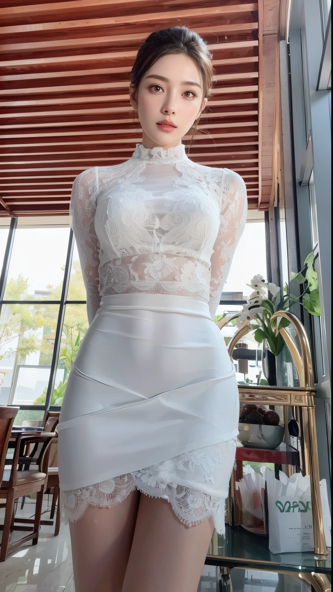 (masterpiece:1.5),(highest quality:1.5),(Highest quality:1.5),(8K:1.5),(Looking at this),(Big Breasts:1.2),Slender,Narrow waist,Beautiful and thin legs,smile,Beautiful Japanese mature woman in her 50s,(A tight classic maid outfit with lace and frills:1.3)