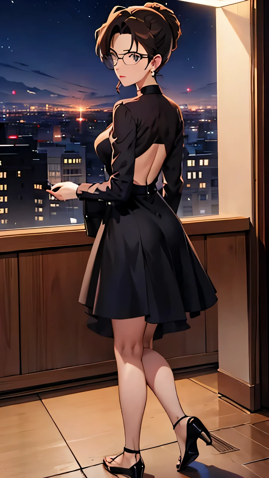 (best quality,4K,8k,high resolution,masterpiece:1.2),Super detailed,Practical,photoPractical:1.37,full-body photo,gold square glasses,City street background,Blue Background,Blue foreground,Depth of Field,From the back,Looking at the audience,blush,lipstick,Delicate earrings,Knee-length low-cut cocktail dress,a woman standing at a street corner,black stockings,High collar and black belt,city lights,lamp,Motion Blur,at night,decorate