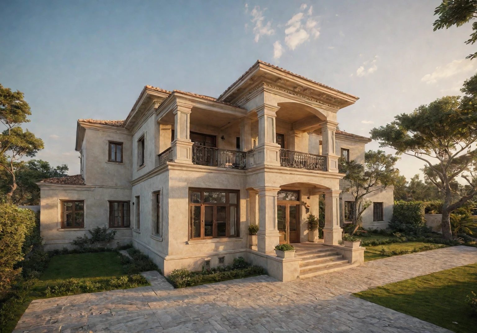 Mediterranean house, Mediterranean Revival style architecture, daylight ( best quality) ((high solution)) ,(( photo realistic)) ,warm light, soft lighting, warm atmosphere,high Resolution, hyper detailed,4k ,vray render, octane render, hyper realistic
,