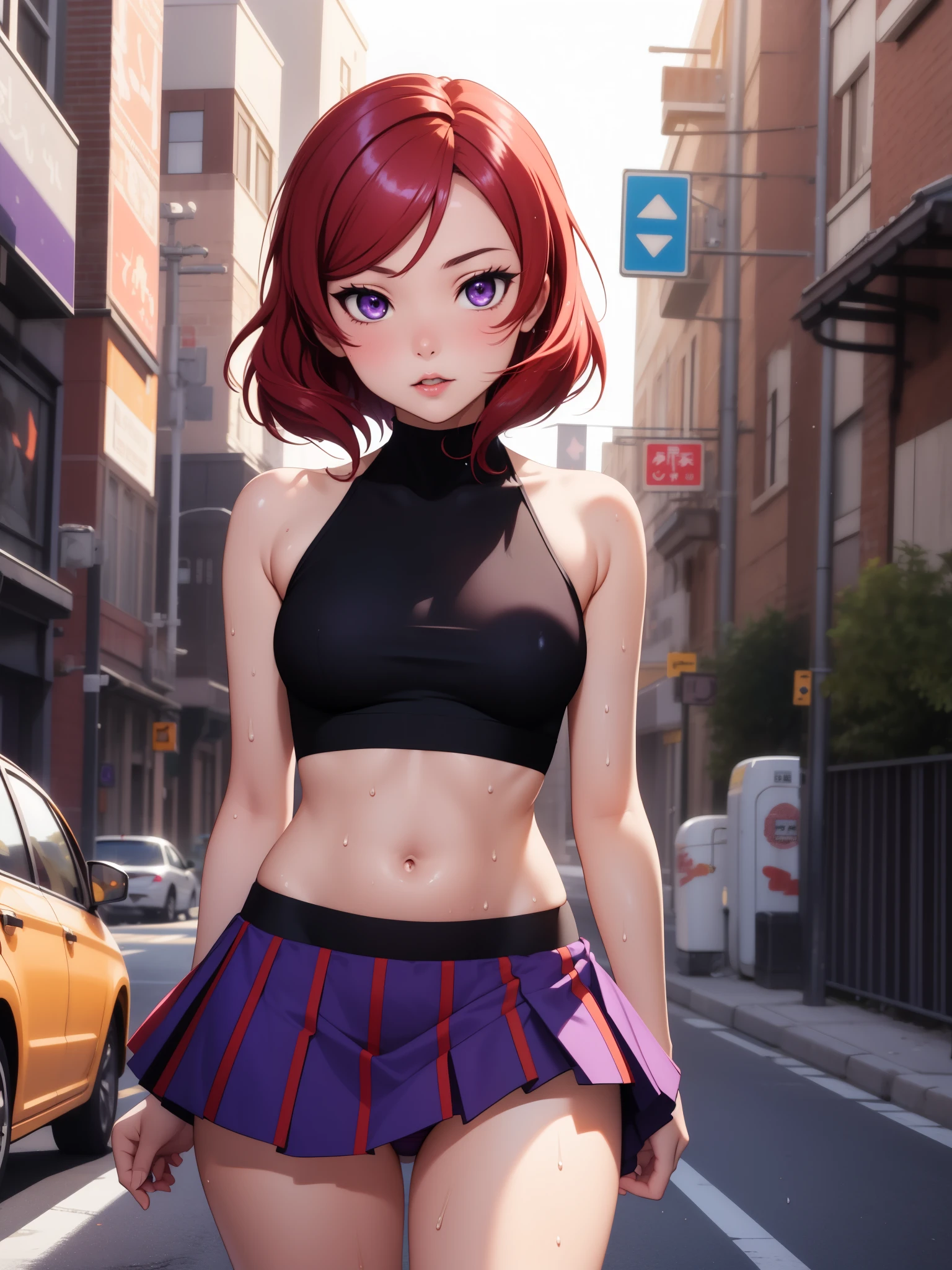 (Masterpiece, Best Quality, High Quality), volumetric lighting, illustration, beautiful, perfect lighting, perfect shadows,Nishikino maki , dynamic camera angle, solo, purple eyes ,red hair , small skirt, crop top, halter neck, arms behind back,in street, thighs, (moist skin:1.1), (shiny skin:1.2), exposed panties