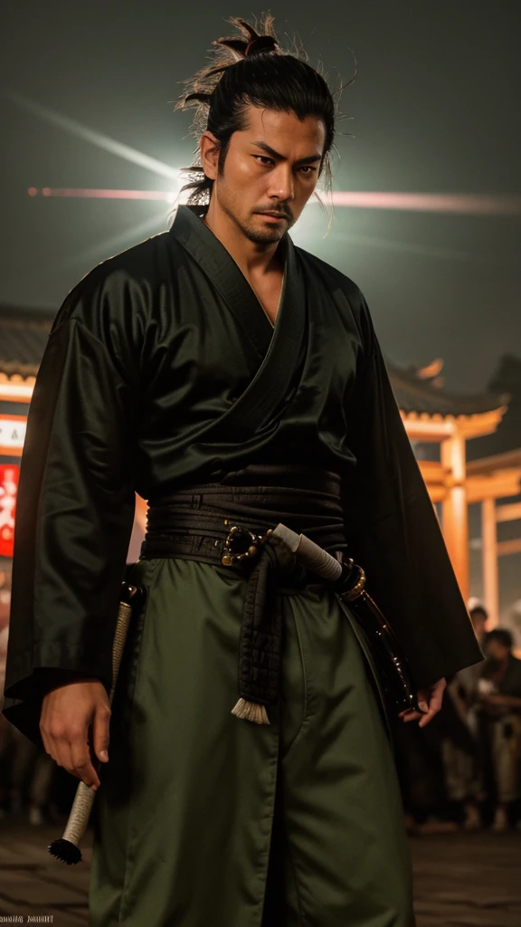 (best quality), high quality, very high resolution, (ultra detailed), 8k, (hyper realistic),Ray Tracing, Cowboy Shot, bushi, Japanese face, long face, samurai, hairstyle, (thin face), a man in a olive green kimono, ronin, (very narrow eyes), drooping eyes, glaring, white spats, Zori sandals, New York, night, neon light, samurai hairstyle, Musashi Miyamoto