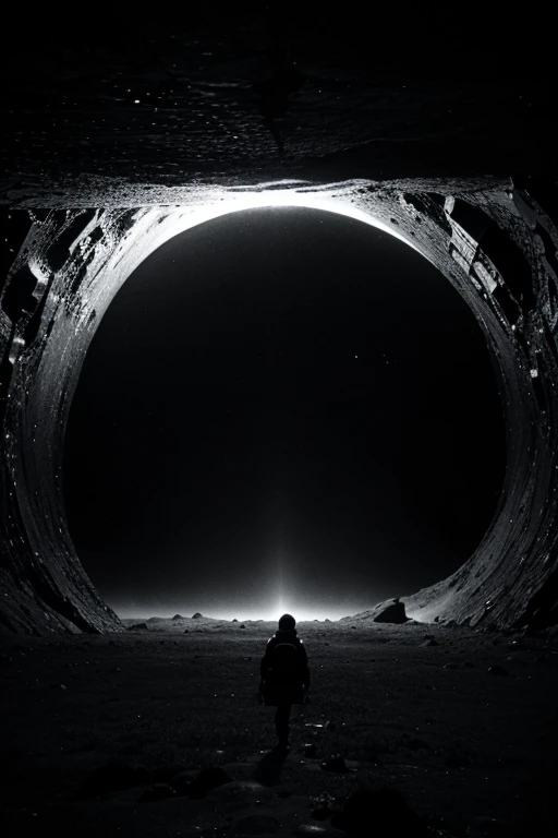 the traveler descends into the depths of the void in black and white