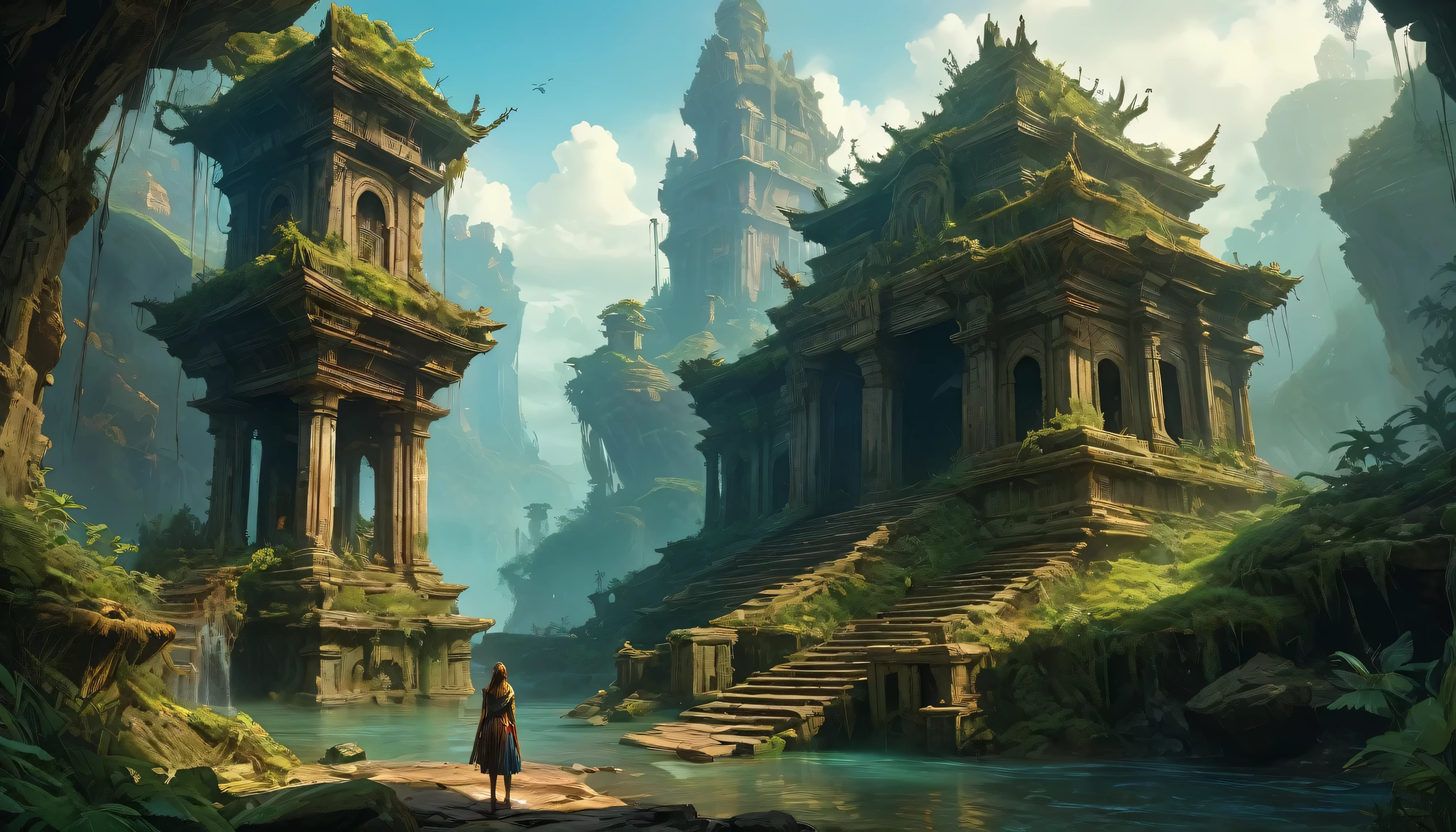 (by Greg Rutkowski: 1.2), (masterpiece), ((best quality)), extremely delicate and beautiful, illustration, (fantasy landscape), A mesmerizing fantasy with enchanting elements blending seamlessly. ((Dilapidated temple in the wild, full of eerie atmosphere, dark, from final fantasy x)), A sense of tranquility and wonder fills the air, inviting exploration and discovery. From Brian Froud and Carne Griffiths and Wadim Kashin and John William Waterhouse, 8K post-production, high resolution, hyperdetailed, depth of field, HDR, intricate