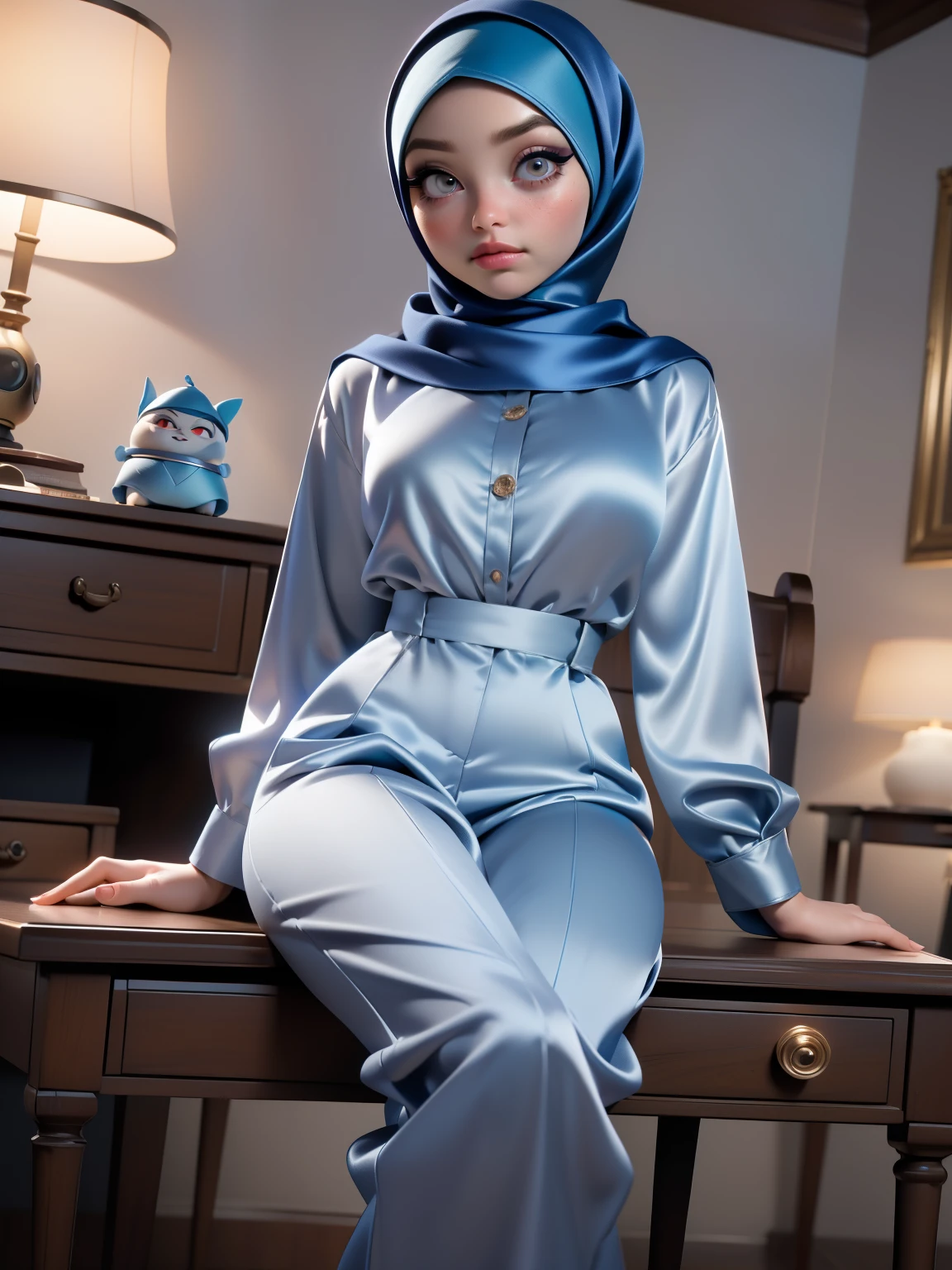 3DMM, ((Masterpiece, best quality, photography, detailed skin, realistic, photo-realistic, 8k, highly detailed, full length frame, High detail RAW color art, diffused soft lighting, shallow depth of field, sharp focus, hyperrealism, cinematic lighting, hijab, a woman in a beautifully makeup, smokey eyeshadow, beautiful big eyes, long eye lashes, wearing (Dark blue satin hijab), loosely tide hijab style, ((gray satin pocodot shirt)), gray satin pocodot long trousers, sitting on desk, bedroom,
