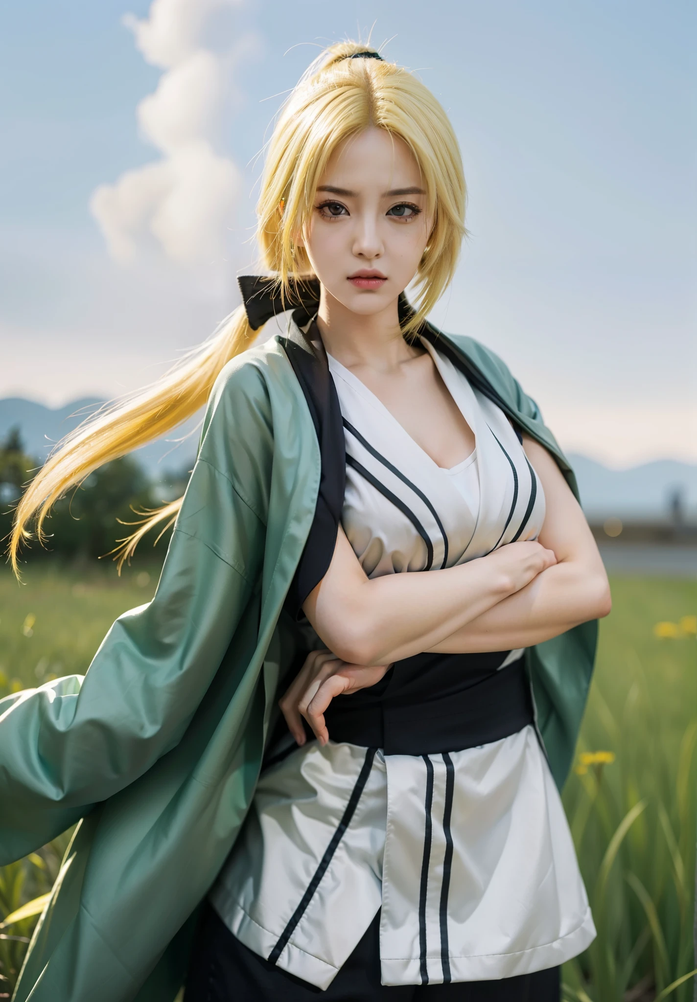 real Life adaption of this character,her name is Tsunade senju from anime naruto ,hyper realistic ,very realistic detailed yellow hair, high resolution, photorealistic,very detailed,very realistic outfit, Japanese face,detailed shining eyes, calm expression,realism,