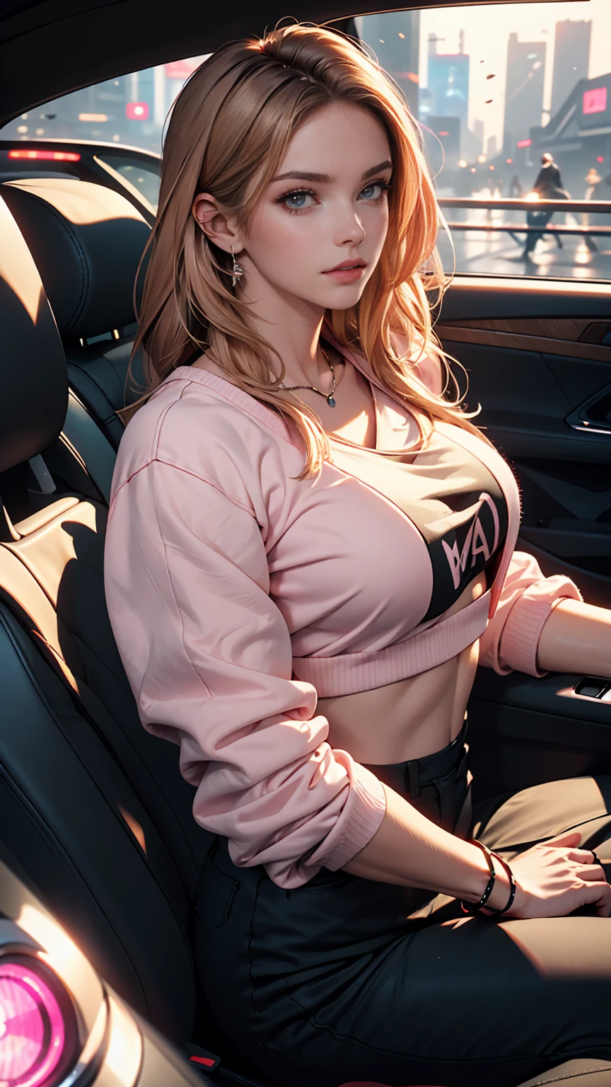 High angle photo of gorgeous young woman in cyberpunk style, Realistic skin texture, look up,pink sweatshirt,Posing in a car, 1 / 2. Body Crop, 8 5mm Art Lens, 1 1. 2, Sharp focus, 8K High Resolution, Very detailed, Complex, elegant, Art by Stanley Lau and Cyberpunk