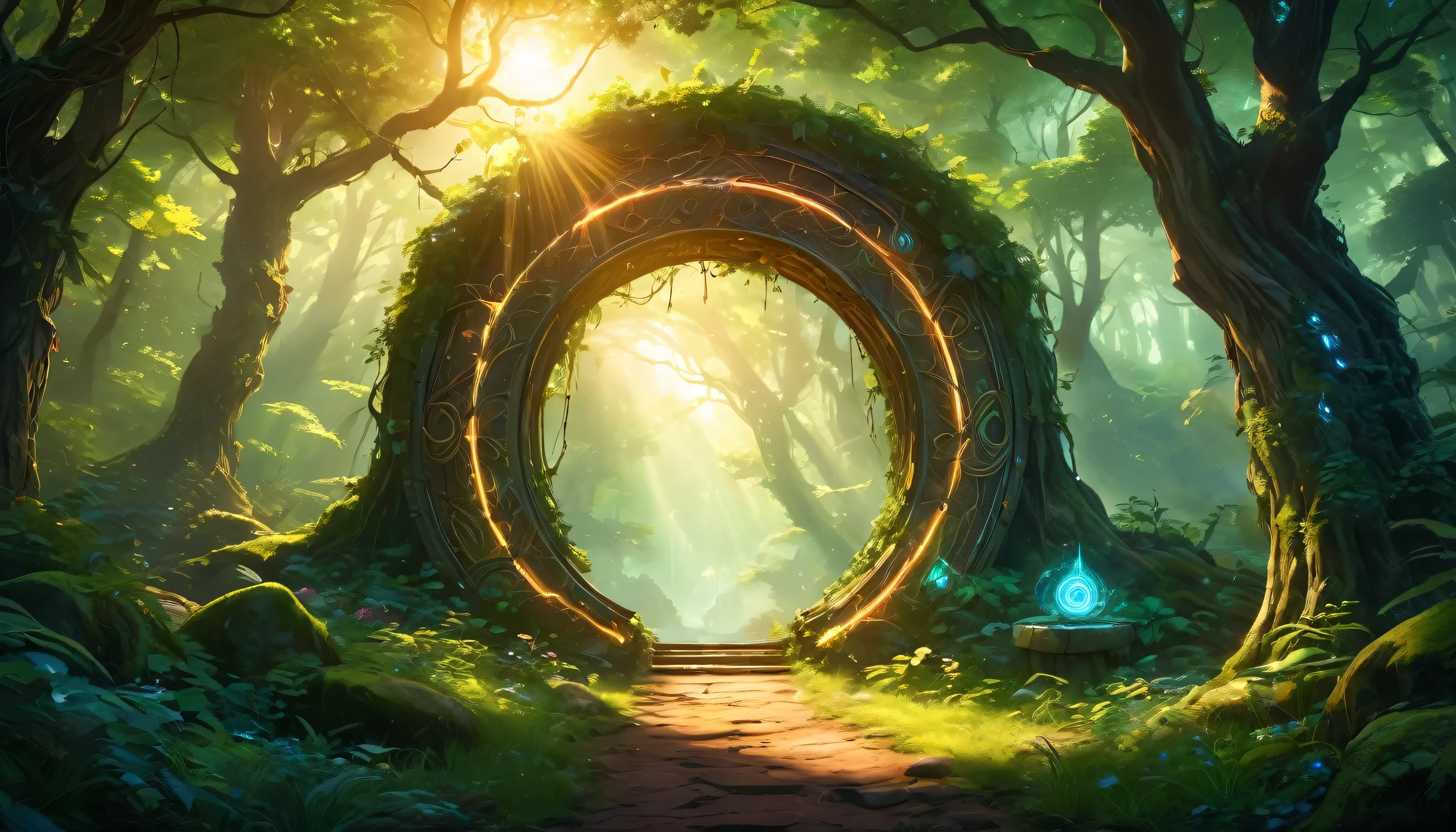 (anime, fantasy, portal),(best quality, highres, HDR:1.2),vibrant colors,mysterious atmosphere,magical portal,mystical creatures,enchanted forest,glowing runes,ethereal light,fantastical landscapes