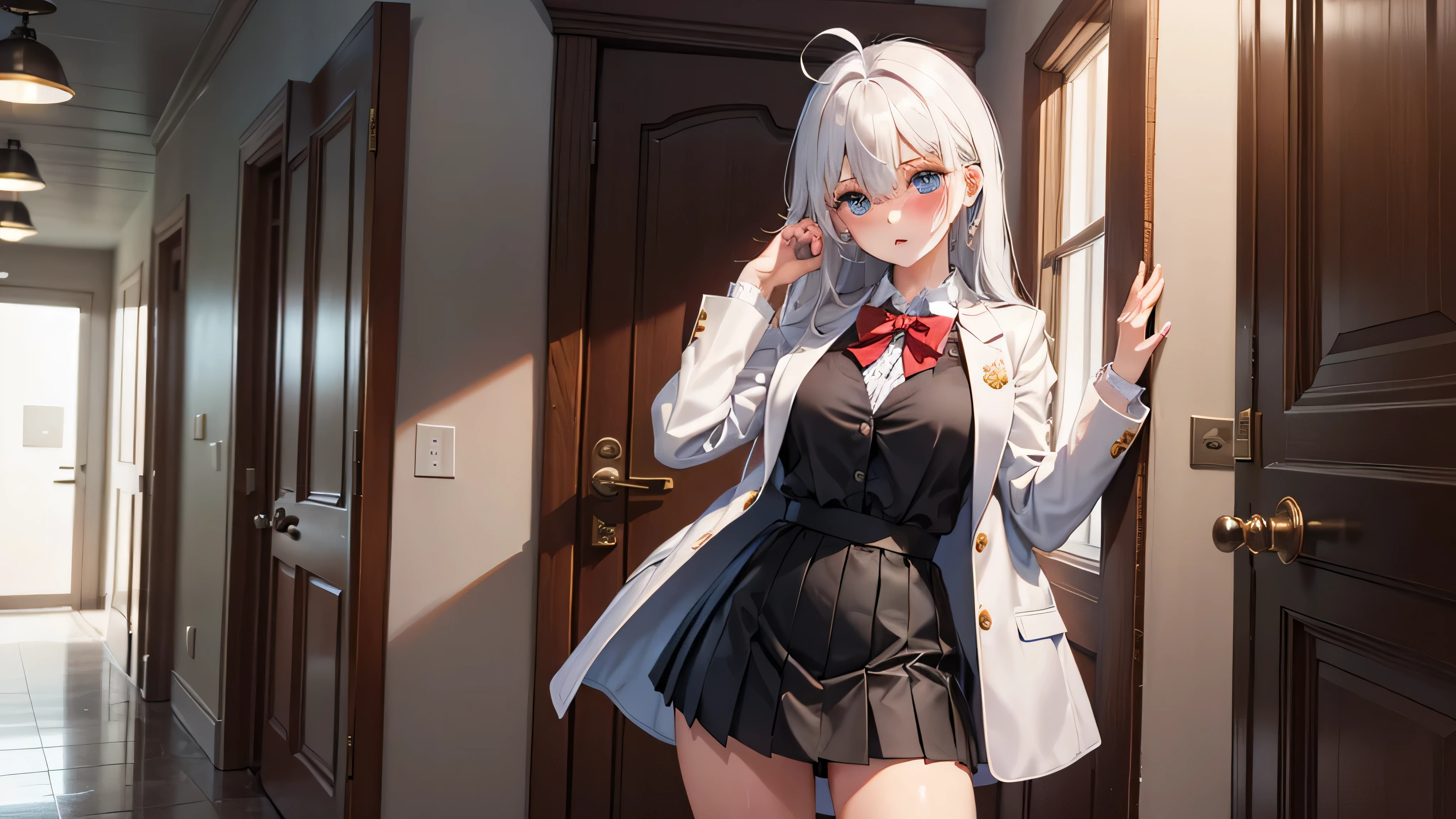 Arya, 1girl, solo, long hair, blue eyes, ahoge, bow, looking at viewer, red bow, jacket, bowtie, long sleeves, breasts, shirt, open jacket, red bowtie, door, cowboy shot, collared shirt, indoors, , white hair, standing, open clothes, skirt, bangs, dress, grey jacket, black dress, blush, pleated skirt, parted lips, medium breasts, pleated dress, white shirt, hair between eyes, white jacket, hand up, blazer, black skirt, thighs, open door, hallway