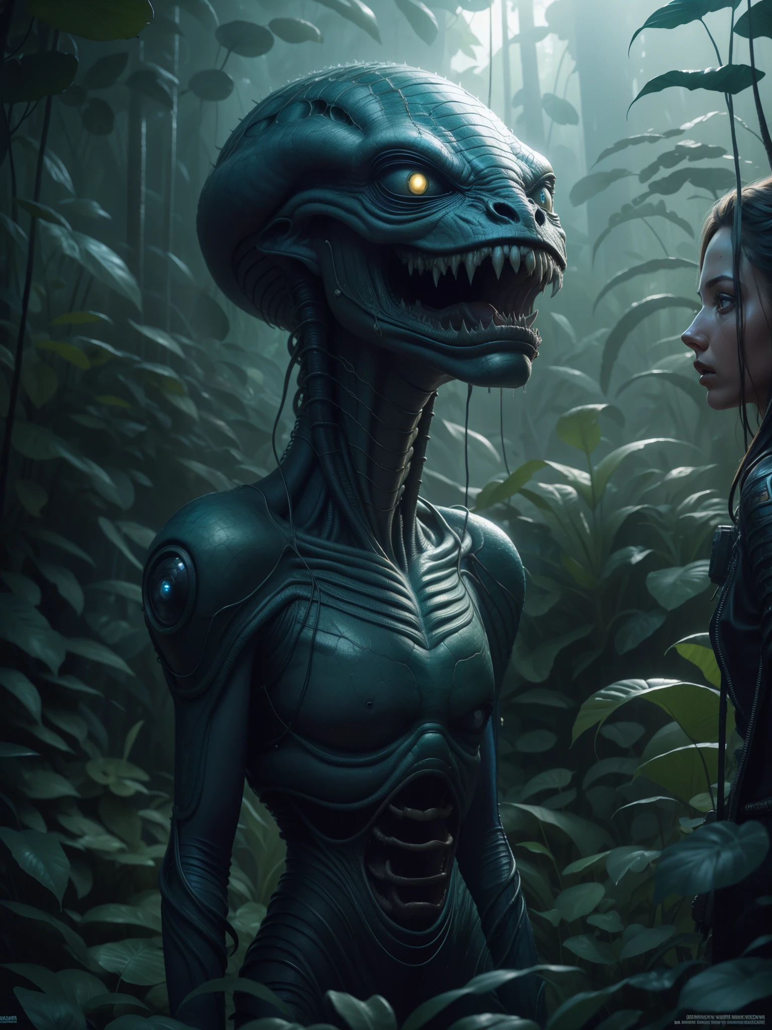 "An alien guest meets a man" in a jungle environment, Highly detailed, Extremely detailed, delicate detail, crisp quality, ultra realistis, A hyper-realistic, surrealism, Dark art, Cinematic, thousand., A still from Steven Spielberg's epic film, sharp-focus, Smoke, ArtStation Hyperrealism Painting Concept Art Detailed Character Design,