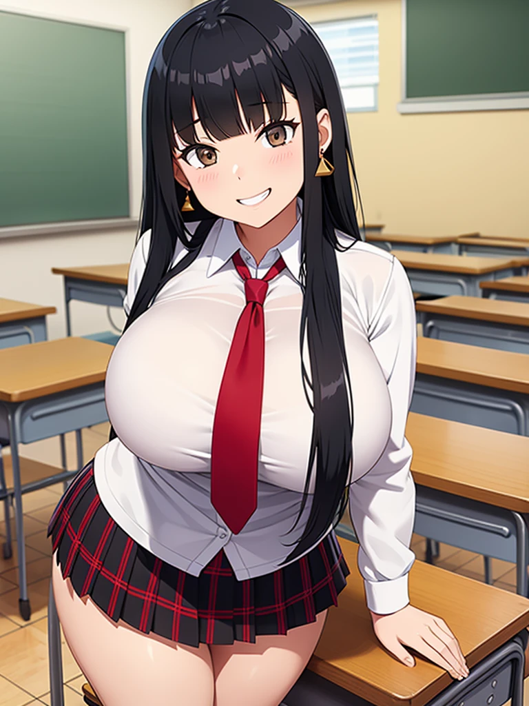 sexy girl, huge breasts, large breasts, curvy, black hair (straight bangs), brown eyes, long hair, female , school plaid short skirt, earrings, grinning, standing, classroom, indoor, solo focus, bright day, (multiple students)