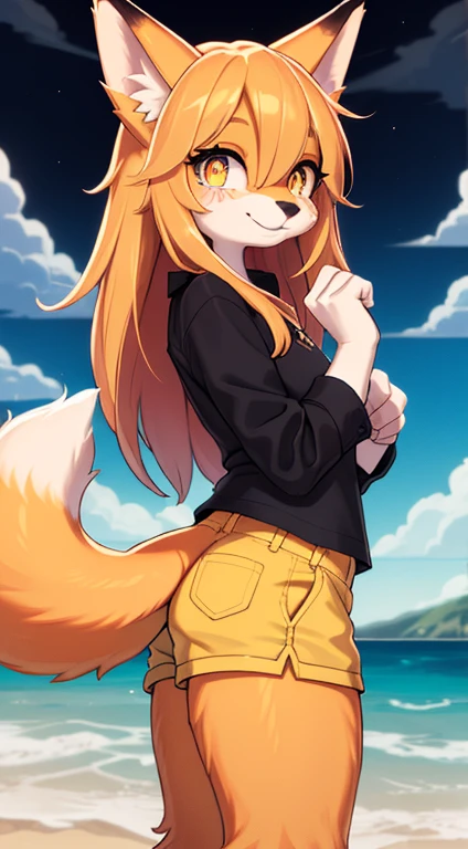 Fox Girl, ((((Furry))), furry, golden fur, long blonde hair, golden fur all over, golden fur on the hands, forelimb hands, golden fur on the back of the hands, palm fur, eyes with light, reddish-orange eyes, super cute face, brown elements on fur, ambient light, super fine fur, volumetric light, night, seaside, clouds in the sky, blue day, natural lighting, smile, fluffy tail, bright pupils, black falda,sin camisa.