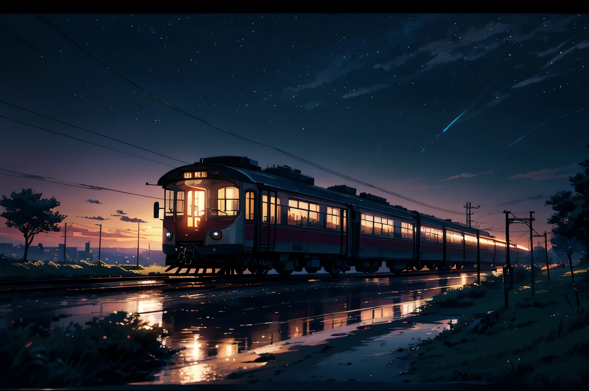 High quality masterpiece, landscape, anime train passing through bodies of water on tracks, bright starry sky. BREAK Romantic train, pixiv, concept art, lofi art style, reflection. by Makoto Shinkai, lofi art, Beautiful anime scene, BREAK Anime landscape, detailed scenery —width 672, in style of Makoto shinkai, style of Makoto shinkai, enhanced details, BREAK,Detailed,Realistic,4k highly detailed digital art,octane render, bioluminescent, BREAK 8K resolution concept art, realism,by Mappa studios,masterpiece,best quality,official art,illustration,ligne claire,(cool_color),perfect composition,absurdres, fantasy,focused,rule of thirds