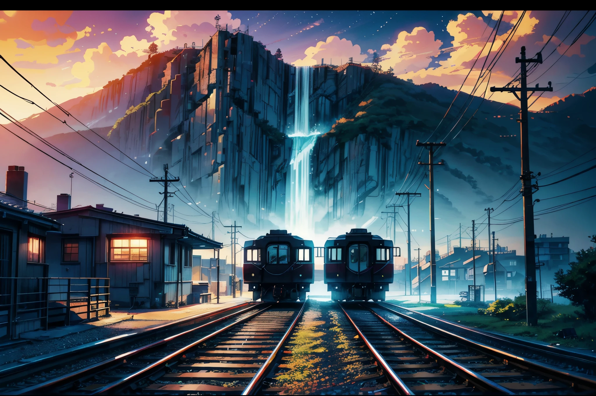 High quality masterpiece, landscape, anime train passing through bodies of water on tracks, bright starry sky. BREAK Romantic train, pixiv, concept art, lofi art style, reflection. by Makoto Shinkai, lofi art, Beautiful anime scene, BREAK Anime landscape, detailed scenery —width 672, in style of Makoto shinkai, style of Makoto shinkai, enhanced details, BREAK,Detailed,Realistic,4k highly detailed digital art,octane render, bioluminescent, BREAK 8K resolution concept art, realism,by Mappa studios,masterpiece,best quality,official art,illustration,ligne claire,(cool_color),perfect composition,absurdres, fantasy,focused,rule of thirds