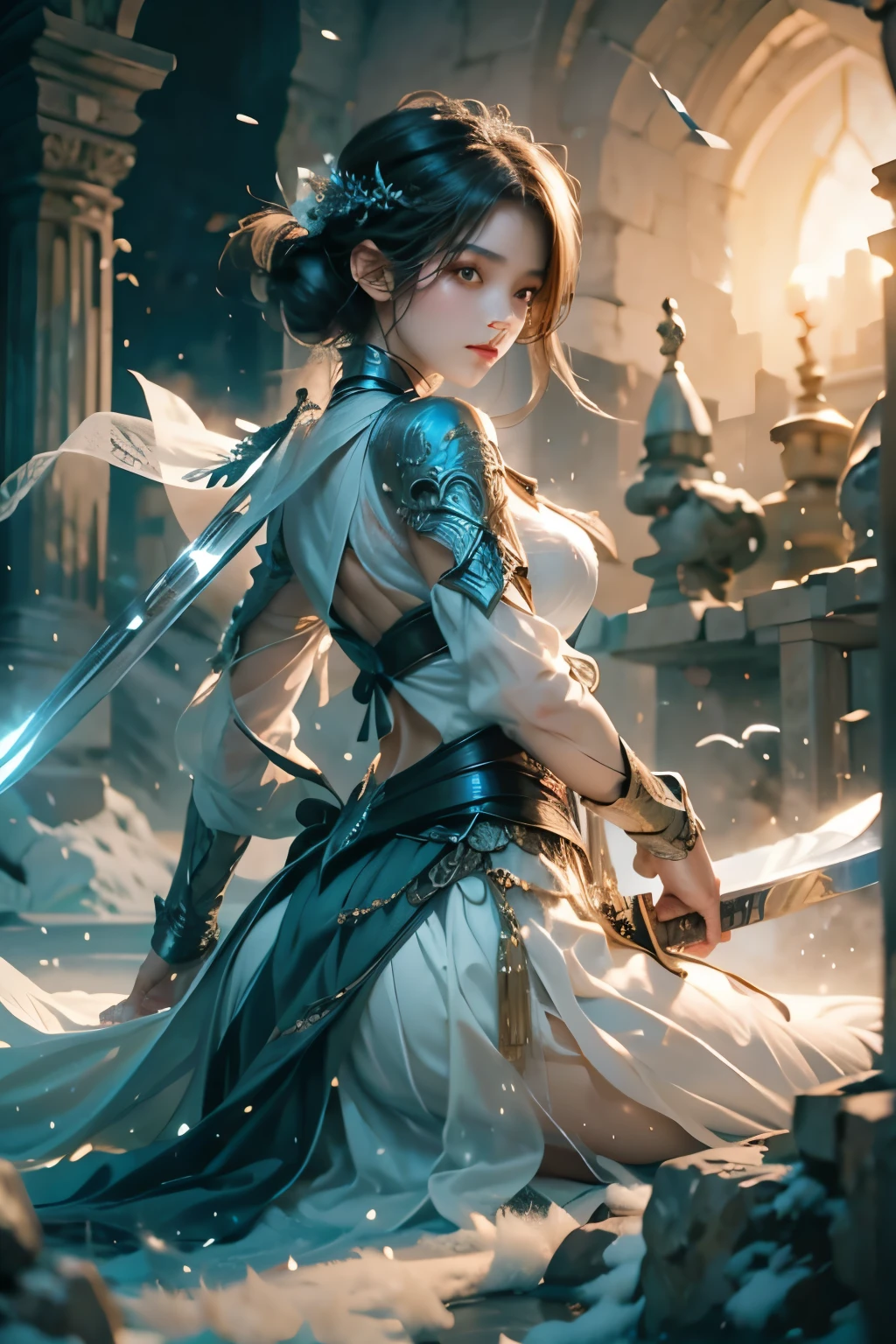 crystallineAI、Holding a sword、Ultra-high resolution、((masterpiece)))、(((highest quality)))、((Super detailed))、((Very delicate and beautiful))、Low angle shooting、1 girl、solo、short hair、(whole body)、A tense shot、Visual Impact、Pleated skirt、Realistic Face、Realistic Skin、Cute face,Pure,Dynamic pose