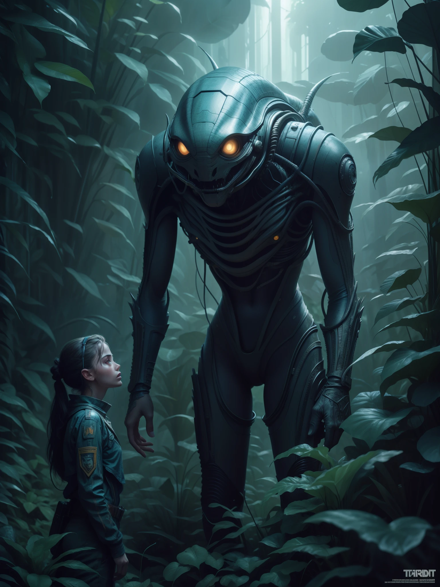 "An alien guest meets a man" in a jungle environment,  Highly detailed, Extremely detailed, delicate detail, crisp quality, ultra realistis, A hyper-realistic, surrealism, Dark art, Cinematic,  thousand., A still from Steven Spielberg's epic film, sharp-focus, Smoke, ArtStation Hyperrealism Painting Concept Art Detailed Character Design,