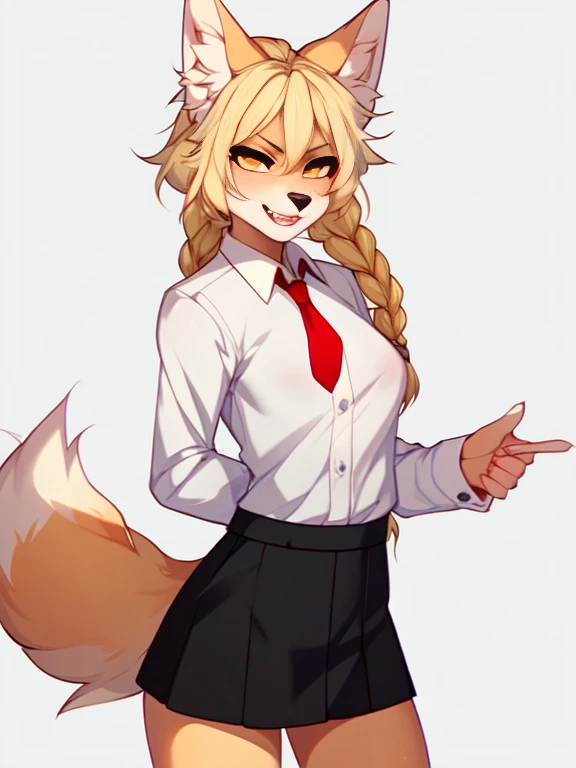 (By hyattlen, by fumiko, by claweddrip):1.2, solo, (tan fox girl), female, fluffy tan ears, (tan_body:1.1), black nose, yellow eyes, cute snout, fluffy blonde tail, white tail tip, long blonde french braided hair, visible fangs, grinning, devious, big wide mouth, large sharp canine teeth, angry eyes, detailed eyes, small breasts, wearing white button up shirt, red tie, black skirt, combat boots, standing, neutral pose, no background, white background, close up, nice hands, good anatomy, masterpiece
