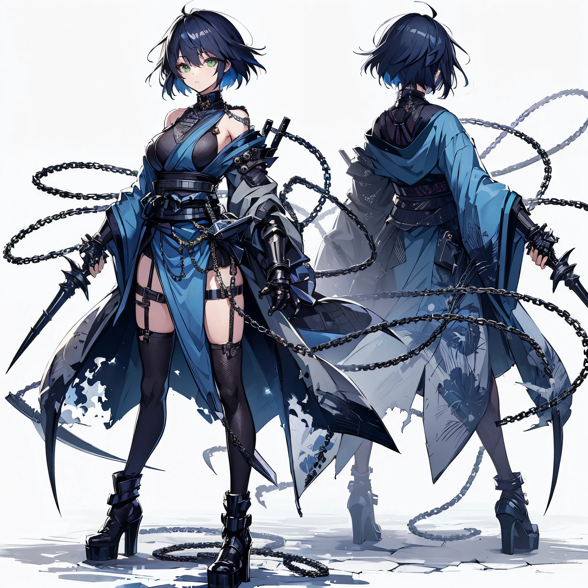(Masterpiece, top quality), (detailed hair), super detailed, anime style, full body, solo, Cyberpunk ninja girl, medium short dark blue hair, green eyes, wearing cyber kimono, feminine figure, holding chain kunai, chain wrapped rugged gauntlets, high heeled boots, standing wasteland, white background, whole body,