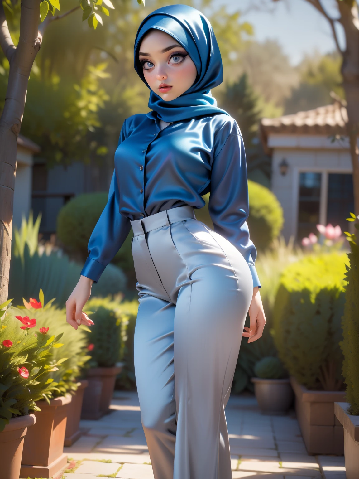 3DMM, ((Masterpiece, best quality, photography, detailed skin, realistic, photo-realistic, 8k, highly detailed, full length frame, High detail RAW color art, diffused soft lighting, shallow depth of field, sharp focus, hyperrealism, cinematic lighting, hijab, a woman in a beautifully makeup, smokey eyeshadow, beautiful big eyes, long eye lashes, wearing (Dark blue satin hijab), loosely tide hijab style, ((gray satin shirt)), gray satin long trousers, dancing under tree, garden