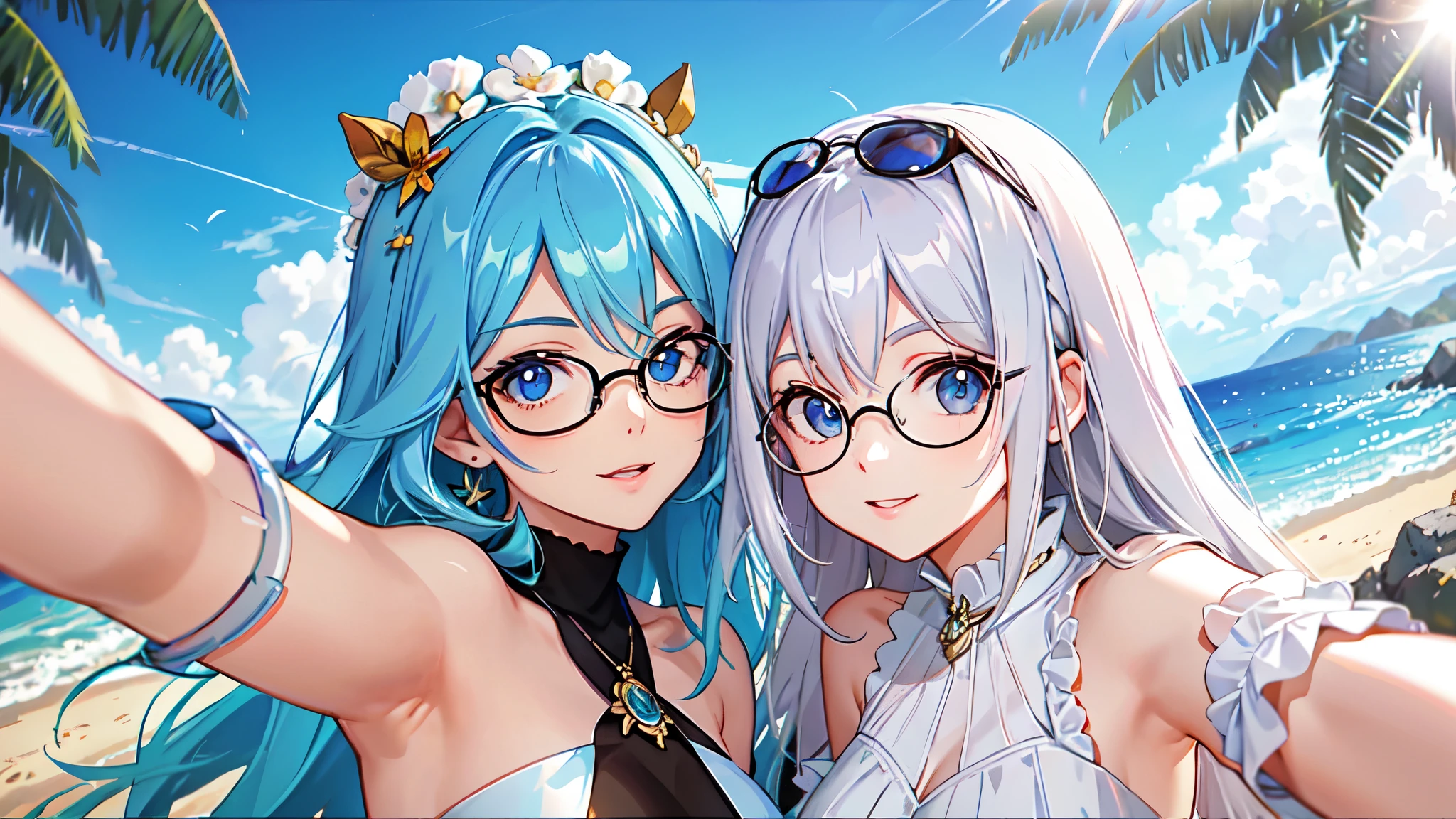 Num dia ensolarado, through a selfie camera, uma garota de olhos claros e cabelos escuros e lisos, with glasses that reflect the sun's brightness and enhance the blue of your eyes, toma seu milk shake com umas plantas ao fundo, Arte anime.