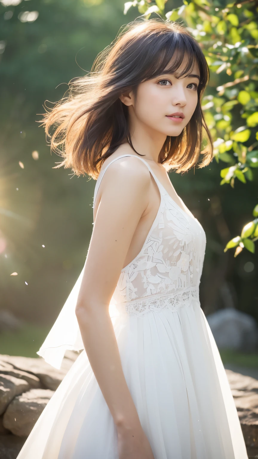 (logo、masterpiece、8k、Tabletop、RAW Photos、wonderful、最high quality、フォトリアリスティックでVery detailedな CG 統合 8k 壁紙、high quality、Very detailed、Narrative poem、Particle Effects、Dynamic Effects、Written boundary depth、Cinematic Light、Lens flare、Ray Tracing)、Fantasy、 (One beautiful woman、dress、白いdress、white dress、Black-haired、Beautiful Face、True Face、Beautiful details、eye、Beautiful Skin)、髪がWindで踊る、Hair flutters in Wind、Hair bounces、Pink cherry blossom tree、Petals fluttering、SakuraFubuki、wonderful景色、sunrise、Sun in the background、Wind